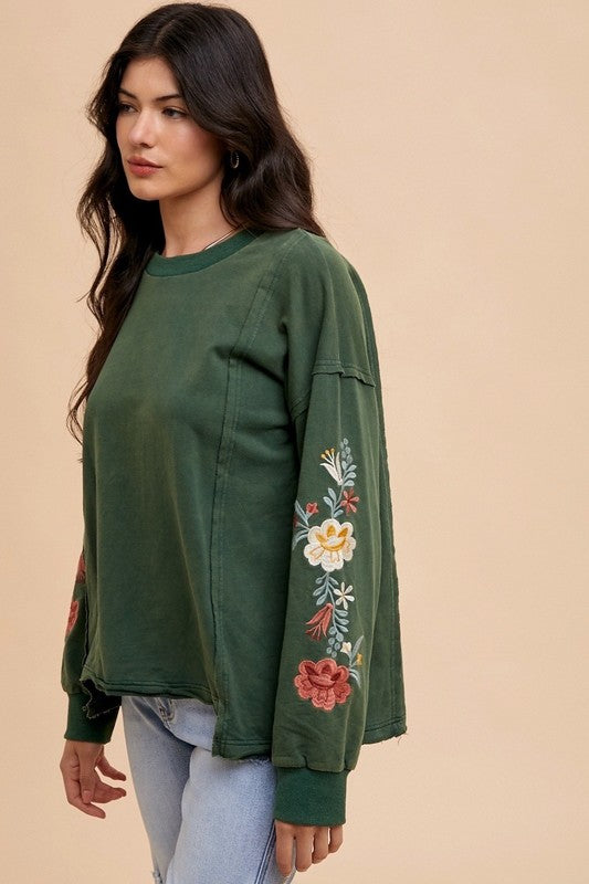 Annie Wear Embroidered Long Sleeve French Terry Top - Tigbul's Variety Fashion Shop