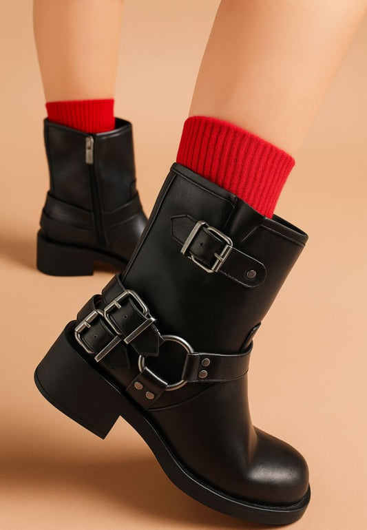 Caribou Harness Detail Biker Boots - Tigbul's Variety Fashion Shop