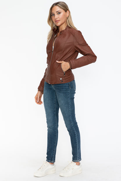 Brown Faux Leather Biker Jacket with Side Zip Pockets