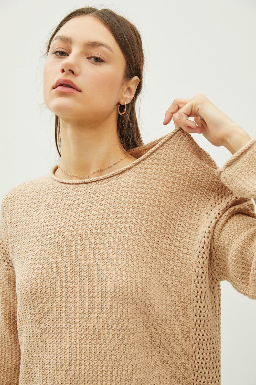 Be Cool Rolled Openwork Round Neck Sweater - Tigbul's Variety Fashion Shop