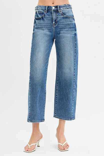 RISEN High Rise Cropped Barrel Adjustable Waist Band Jeans - Tigbul's Variety Fashion Shop