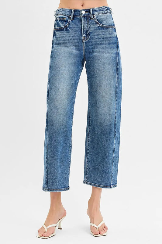 RISEN High Rise Cropped Barrel Adjustable Waist Band Jeans - Tigbul's Variety Fashion Shop