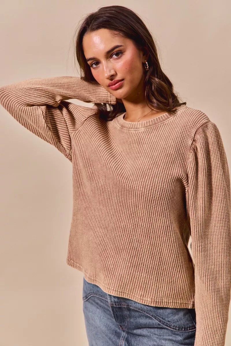 SO ME Mineral Washed Waffle Top With Puff Sleeves - Tigbul's Variety Fashion Shop