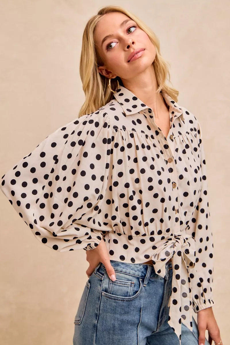 BiBi Polka Dot Print Tie Hem Detail Crop Shirt - Tigbul's Variety Fashion Shop
