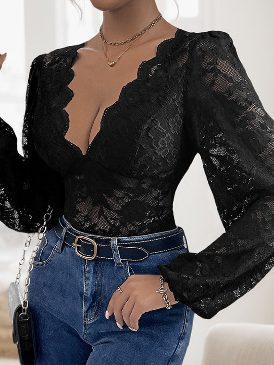 Perfee Lace Plunge Long Sleeve Bodysuit - Tigbul's Variety Fashion Shop