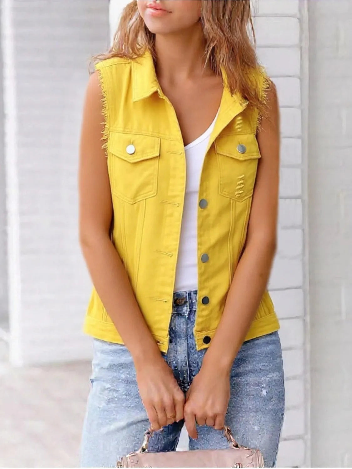 Full Size Sleeveless Frayed Denim Vest Jacket Plus Size - Tigbul's Variety Fashion Shop