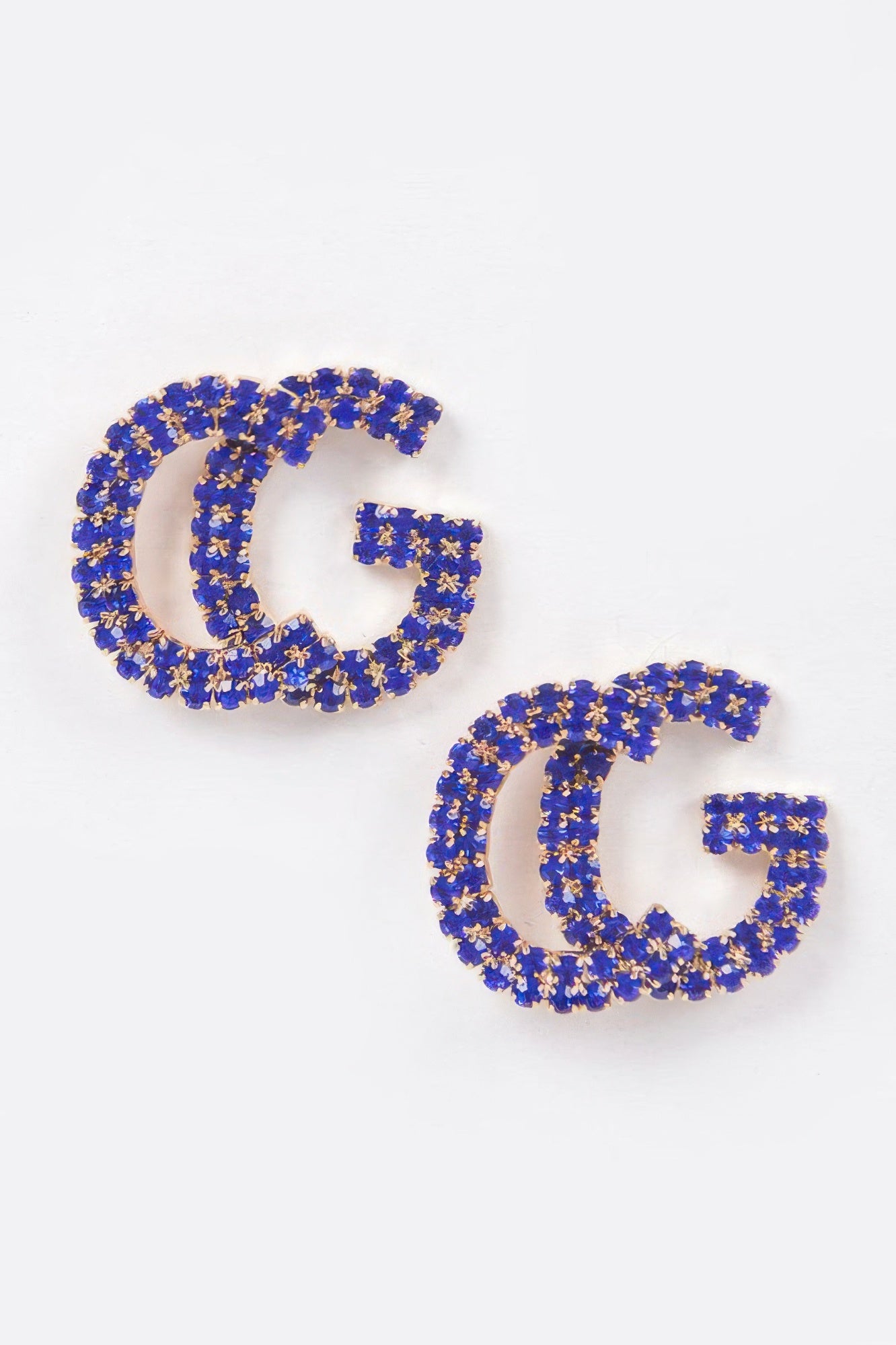 Cobalt C rhinestone button earrings, sparkle hoop style