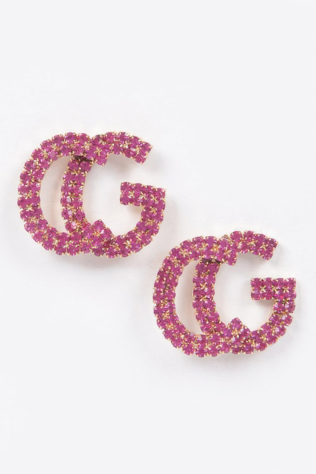 Fuchsia C rhinestone button earrings, glitter hoop