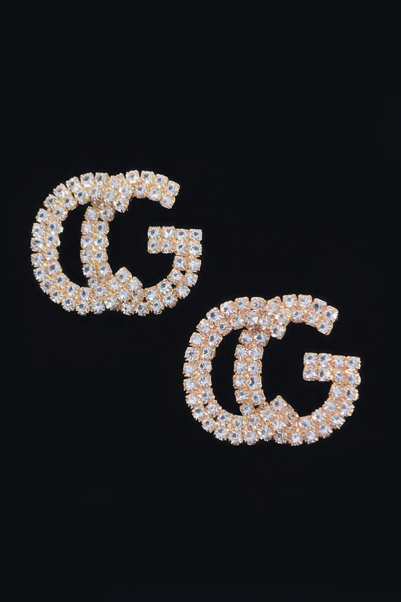 Silver-tone C rhinestone button earrings, square-cut letter