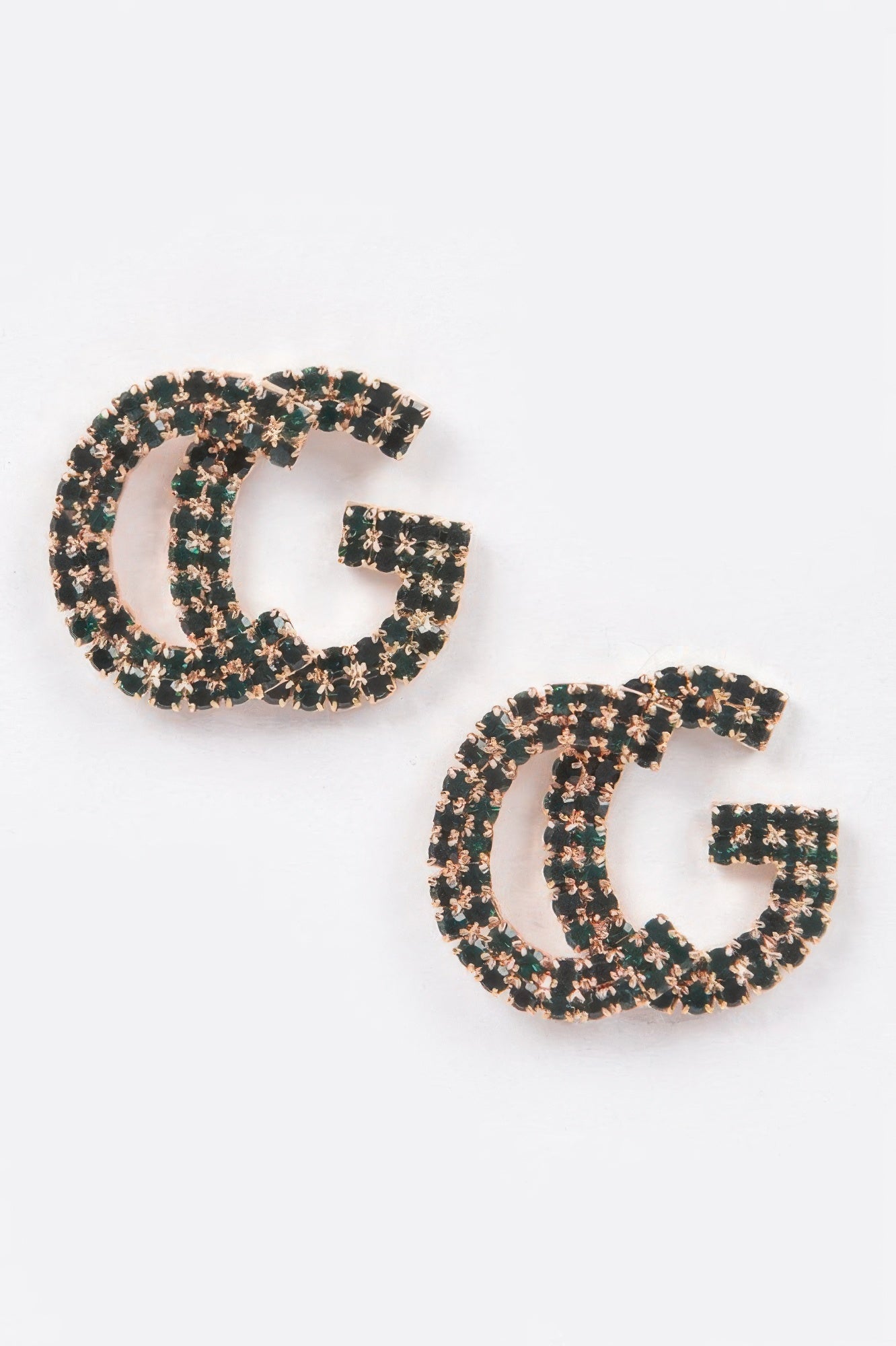 Green C rhinestone button earrings, clustered crystal hoop