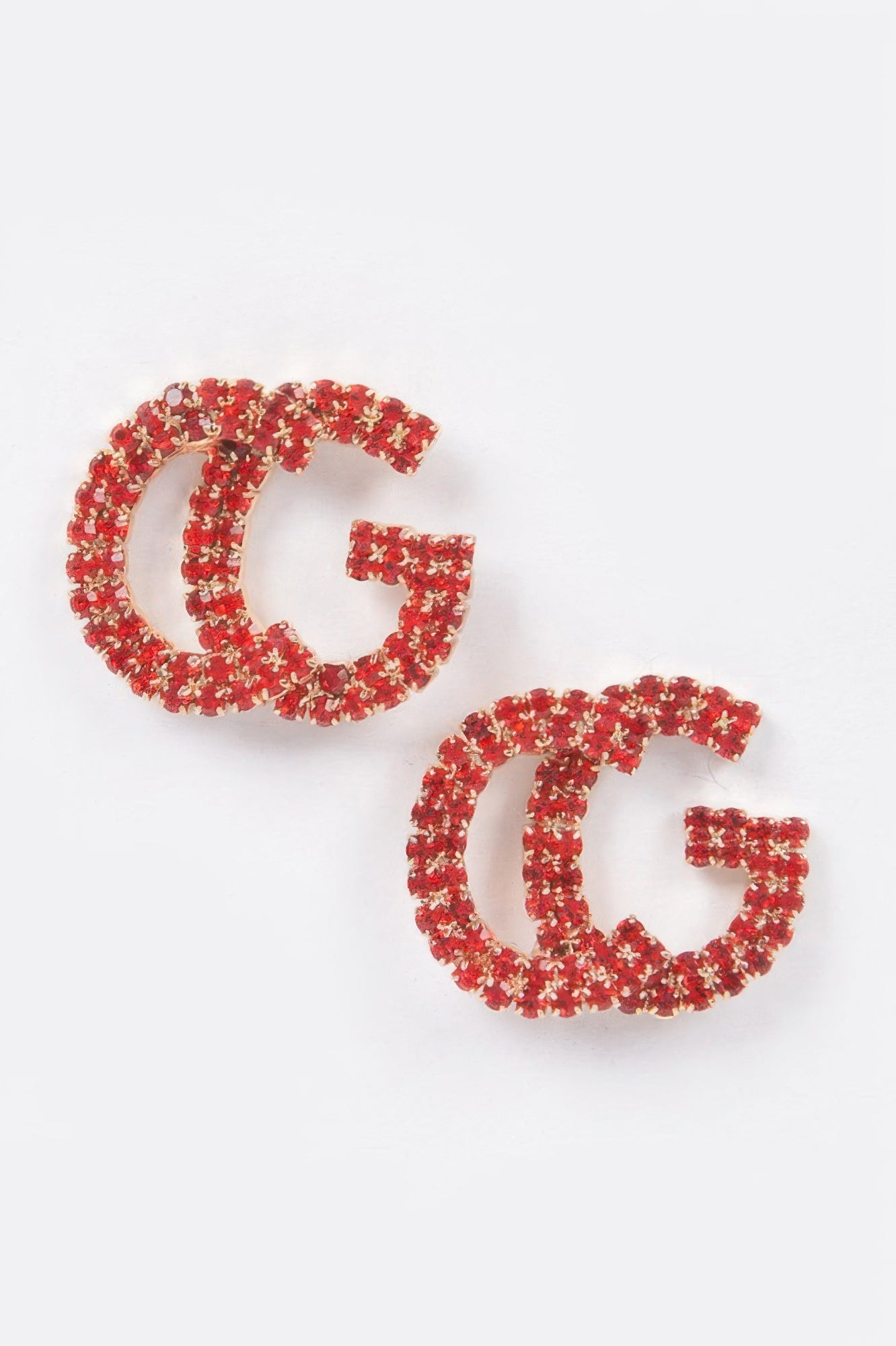 Red C rhinestone button earrings, bright sparkle letter C