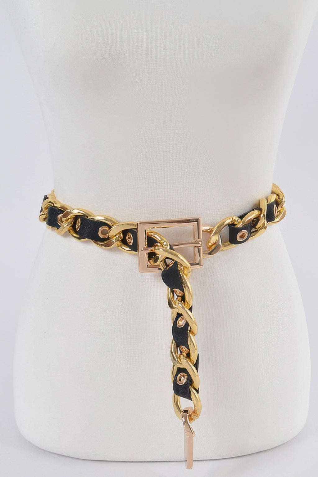Chain fashion belt with black strap and gold-tone links, square buckle and dangling charm
