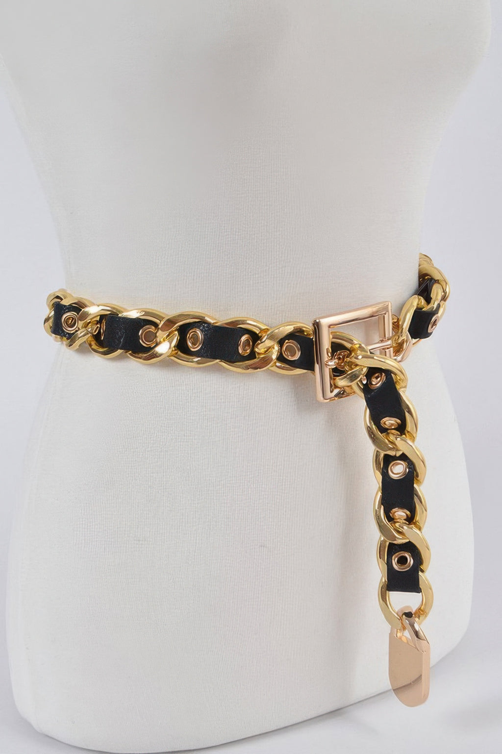 Black-and-gold chain fashion belt with square buckle and long dangling link charm