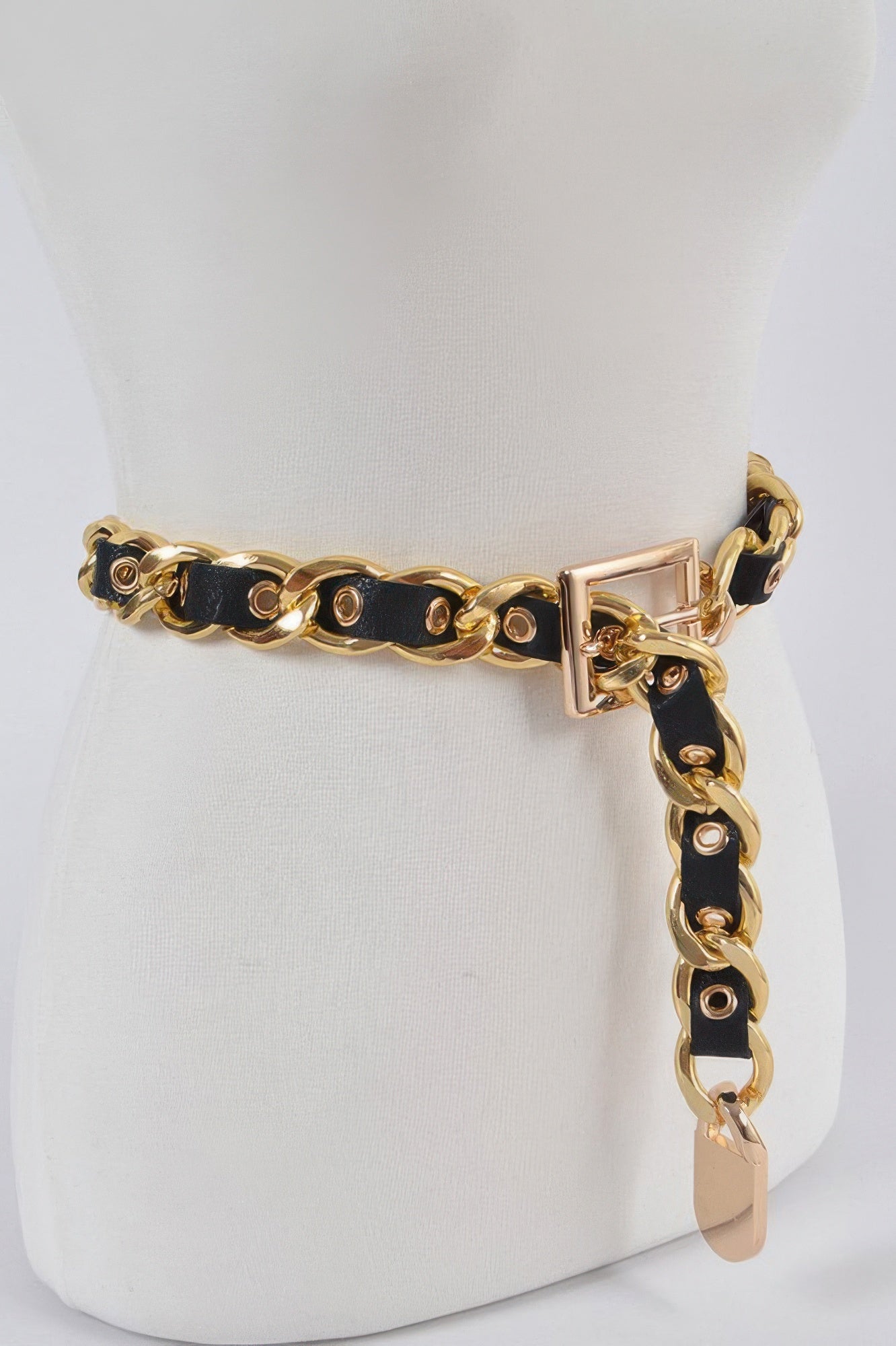 Black-and-gold chain fashion belt with square buckle and long dangling link charm