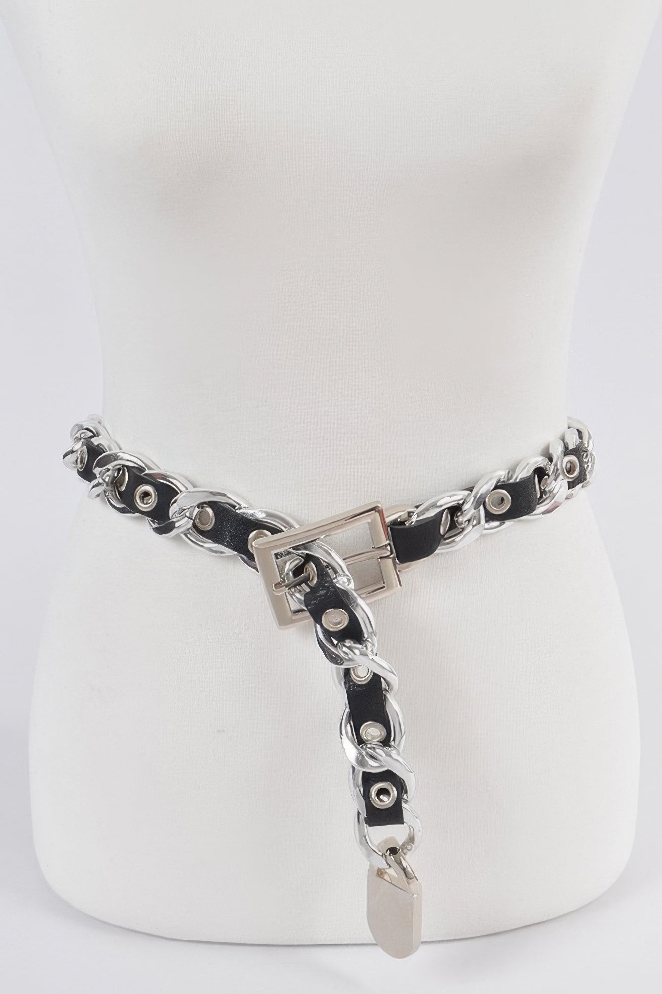 Chain fashion belt with black strap and silver-tone links, square buckle and dangling charm