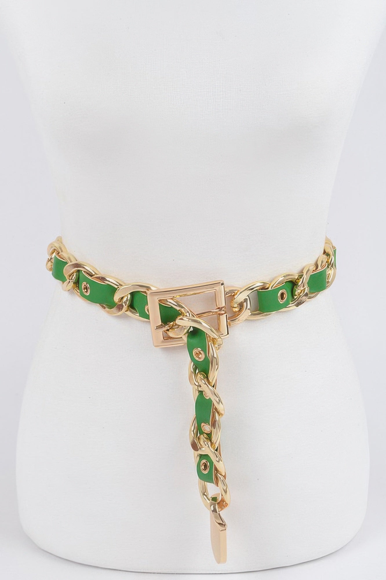 Chain fashion belt with green strap and gold-tone links, square buckle and long charm drop