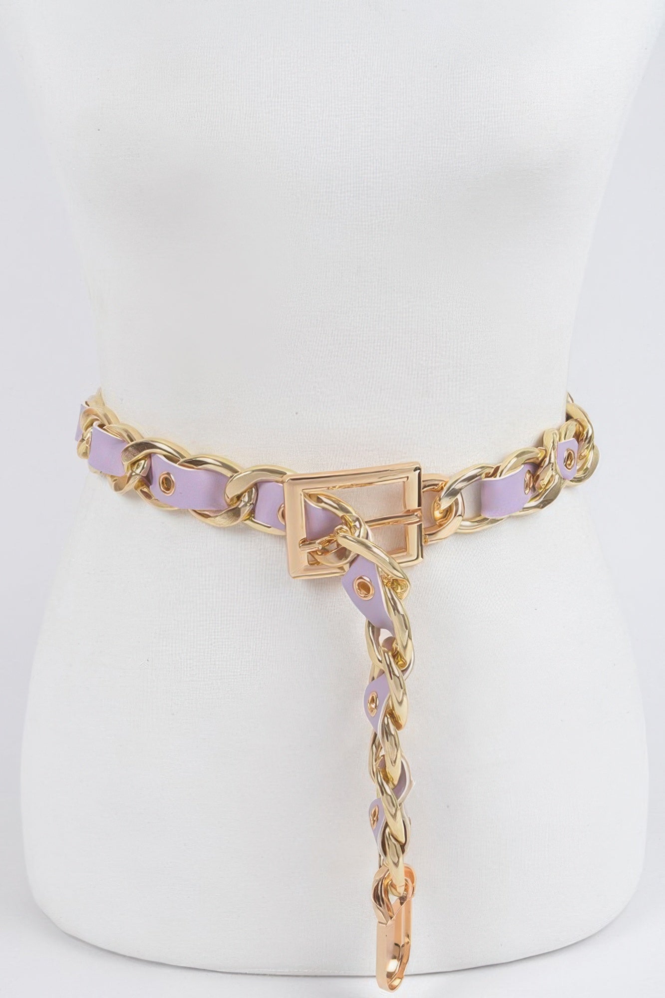 Chain fashion belt with lavender strap and gold-tone links, square buckle and dangling charm