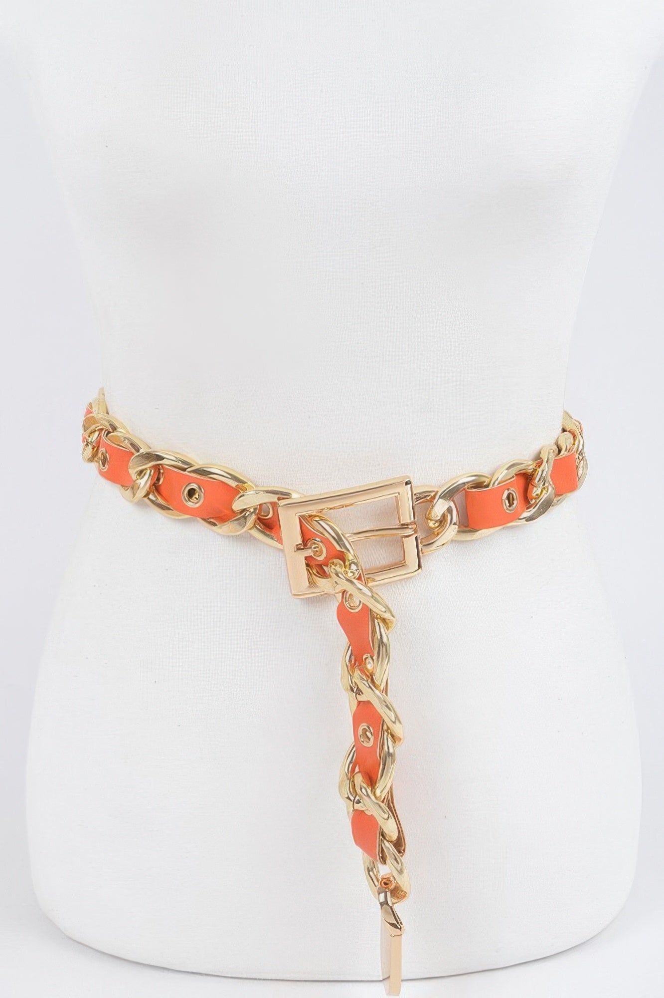 Chain fashion belt with orange strap and gold-tone links, square buckle and long charm drop