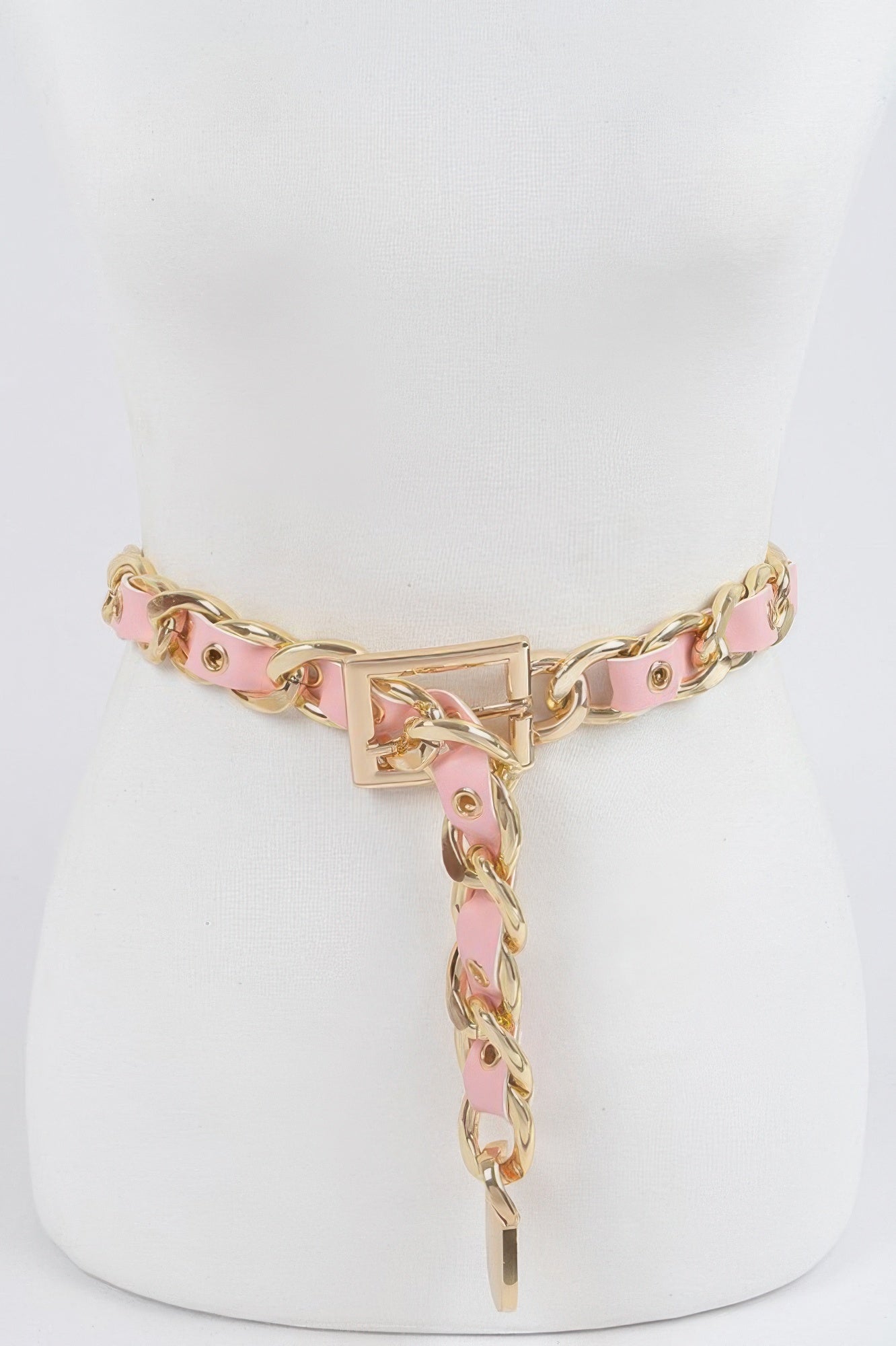 Chain fashion belt with pink strap and gold-tone links, square buckle and dangling charm