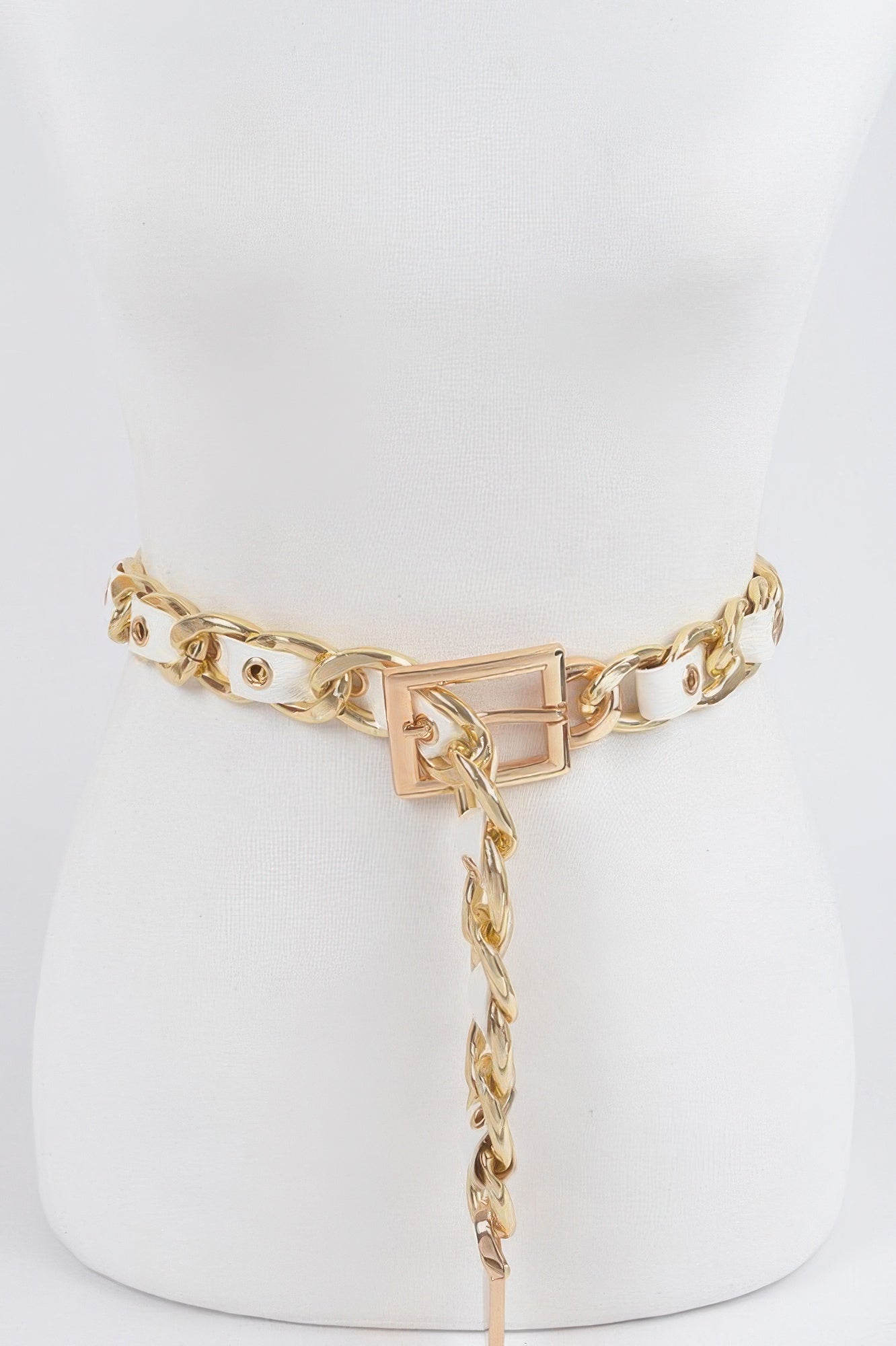 Chain fashion belt with light/white strap and gold-tone links, square buckle and dangling charm