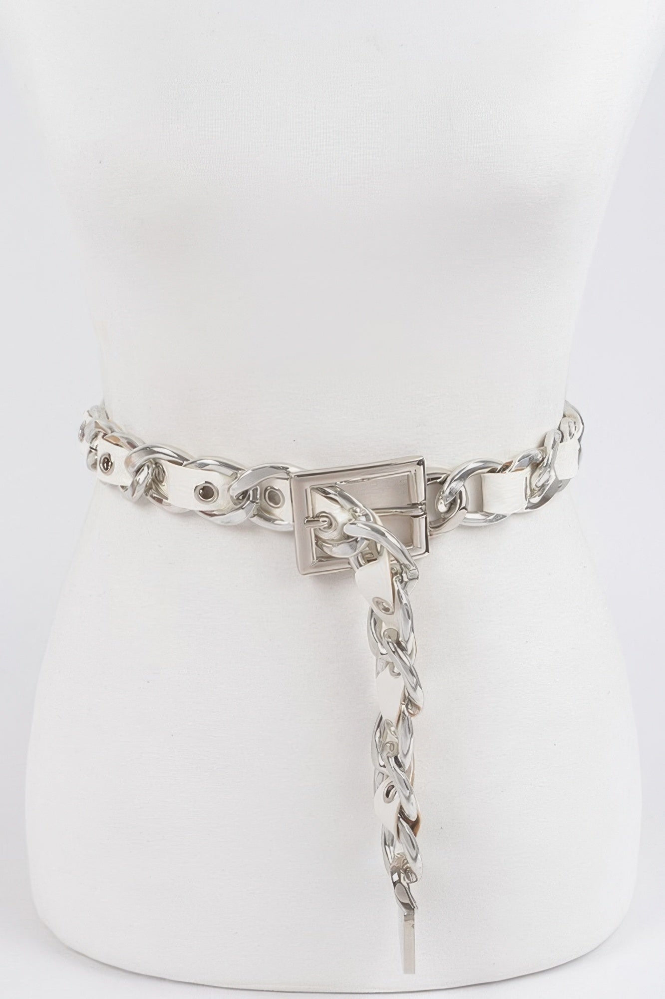 Chain fashion belt: silver-tone links, square buckle, hanging chain tassel