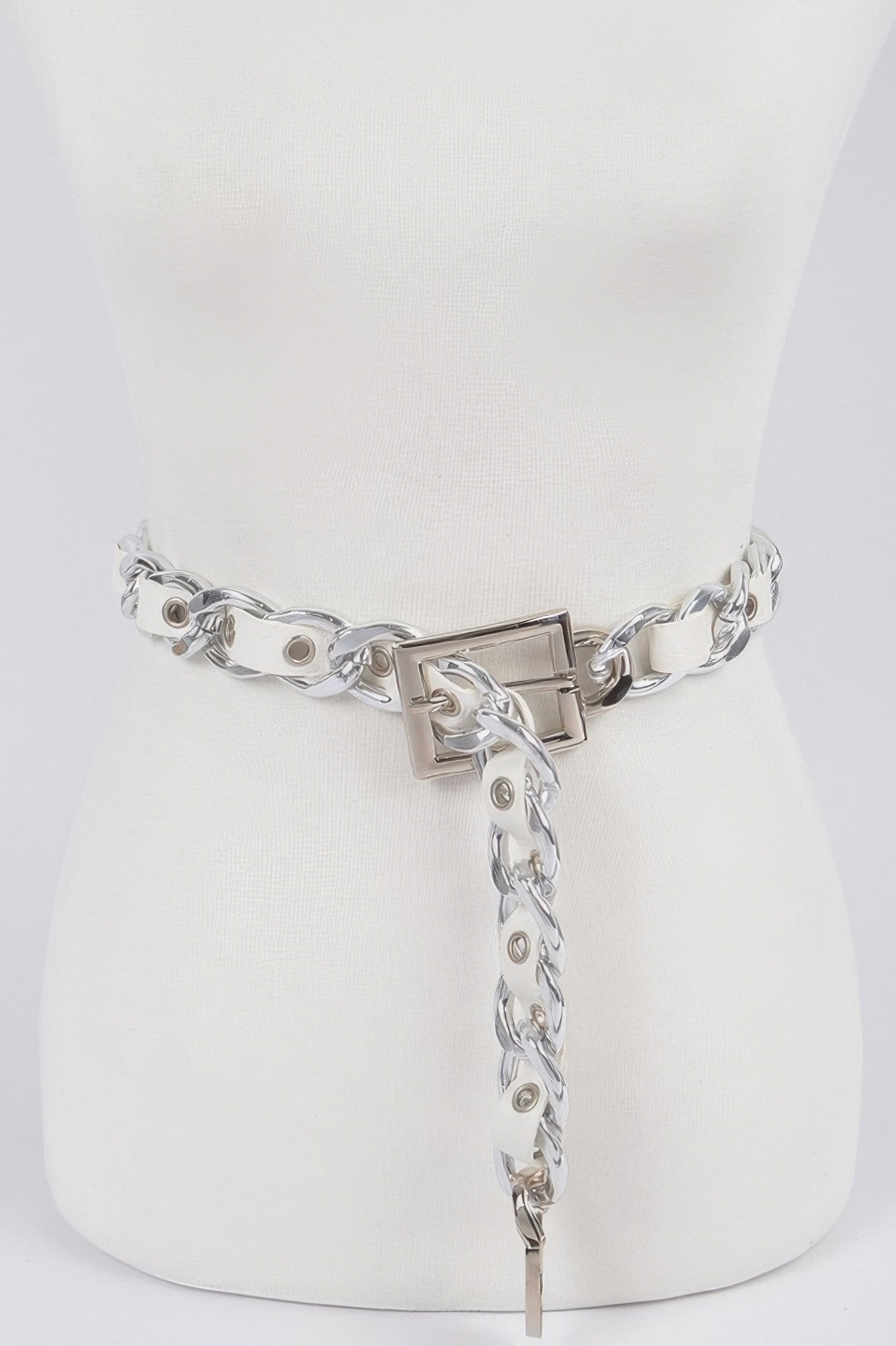 Chain fashion belt: silver-tone curb links, hinged square buckle, long dangling chain