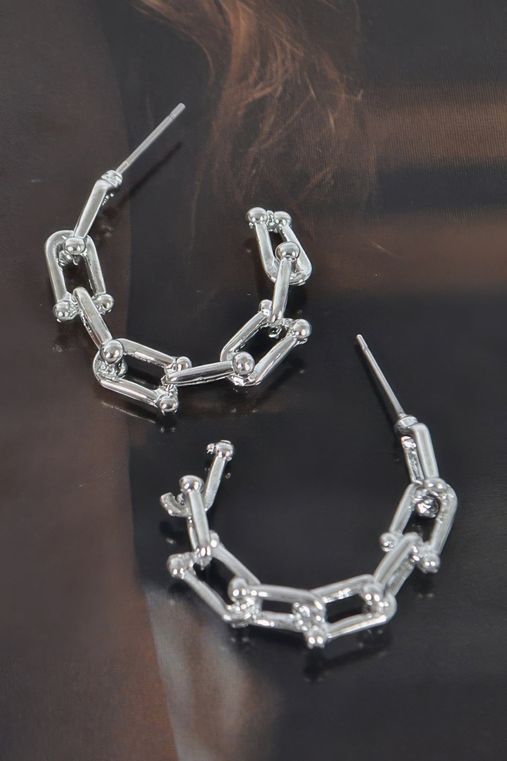 Chain hoop earrings, silver-tone, linked rectangular bars with stud posts