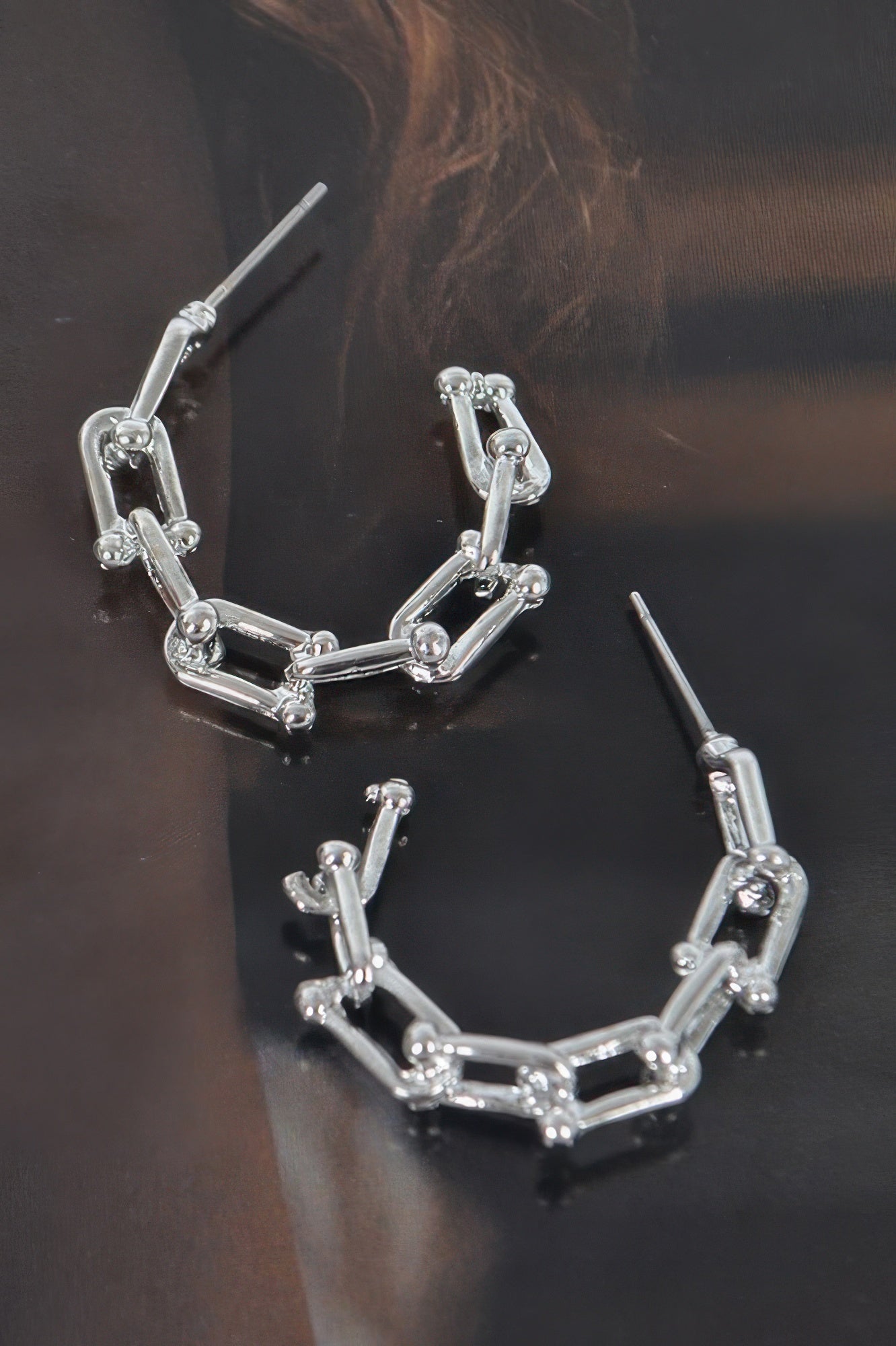 Chain hoop earrings, silver-tone, linked rectangular bars with stud posts