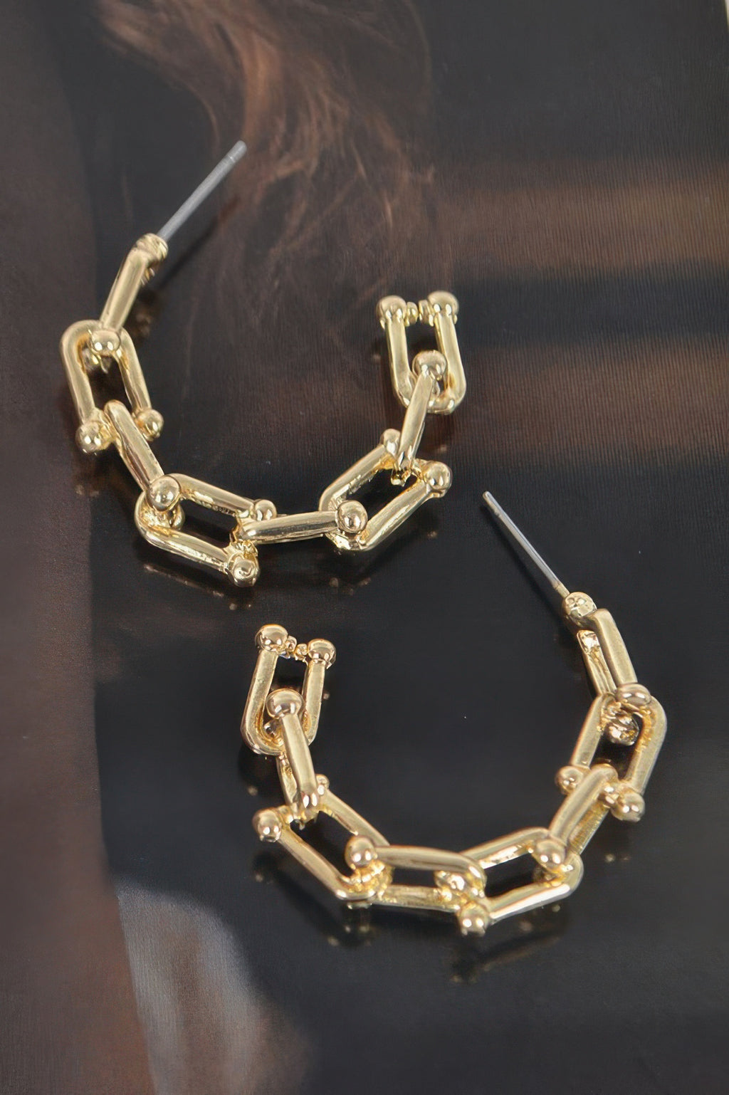 Gold-tone chain hoop earrings with rectangular links and small stud posts