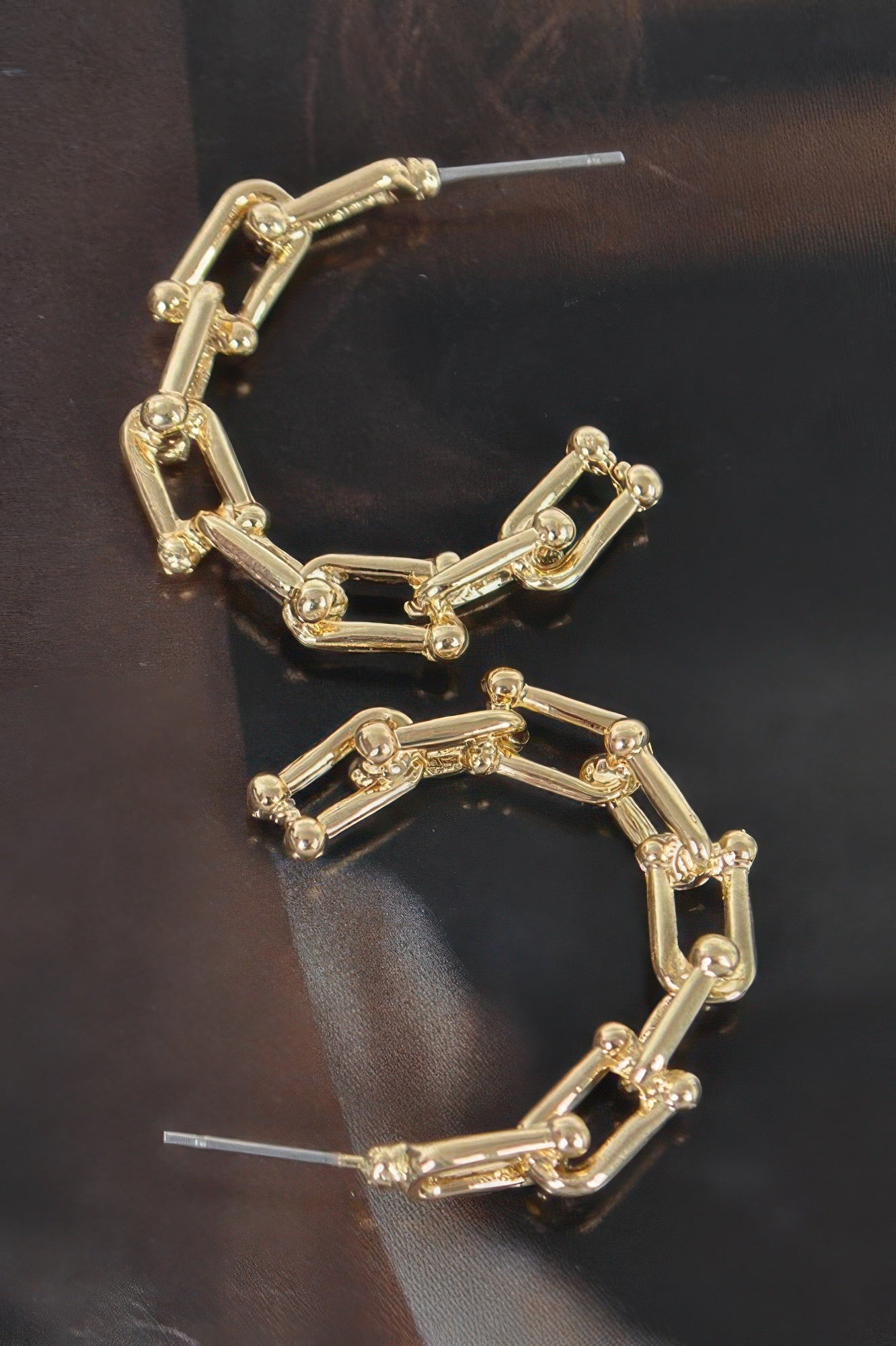 Gold chain hoop earrings, linked bar design with secure post back