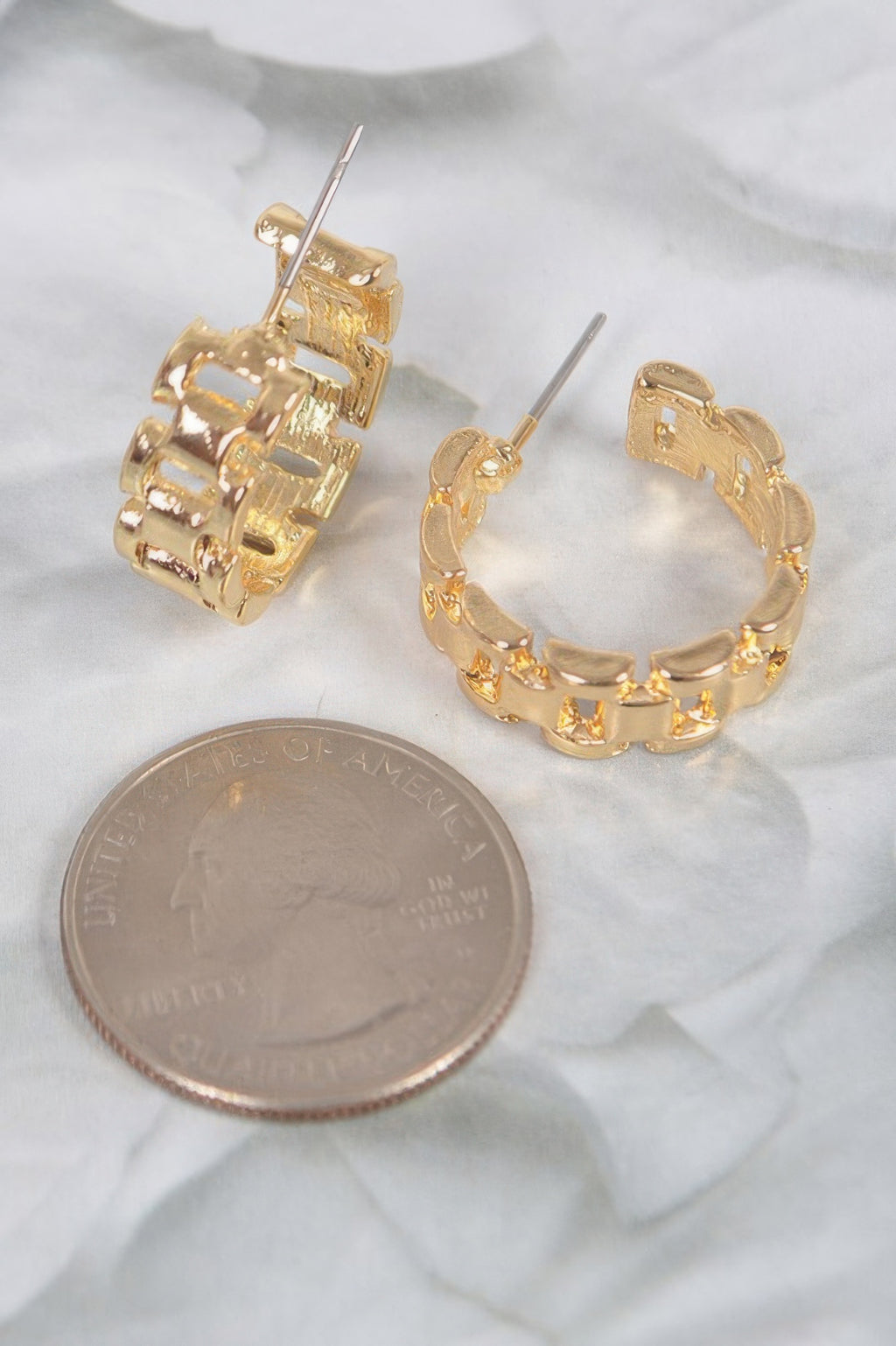 Gold-tone chain hoop earrings with linked panels and straight stud backs