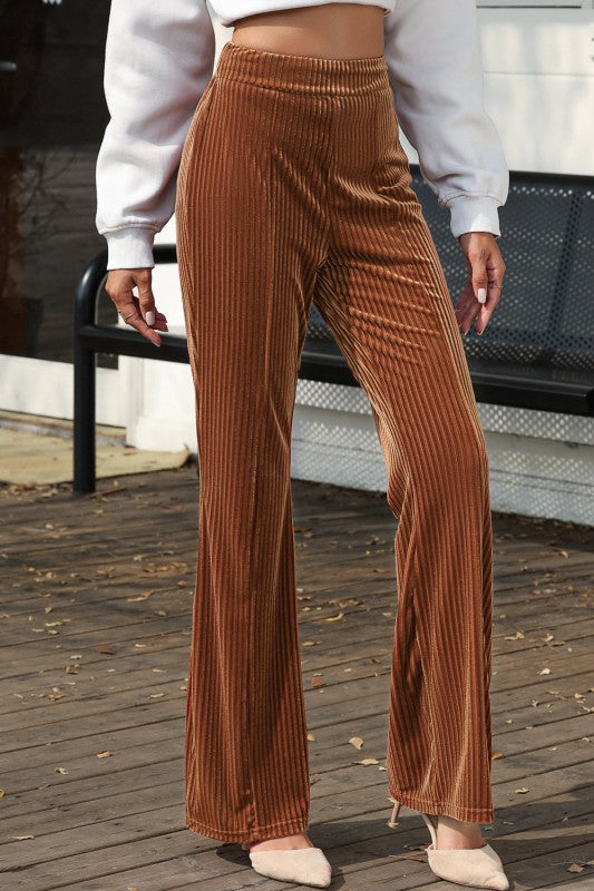 High-waist corduroy flare pants in chestnut with vertical ribs and center seam