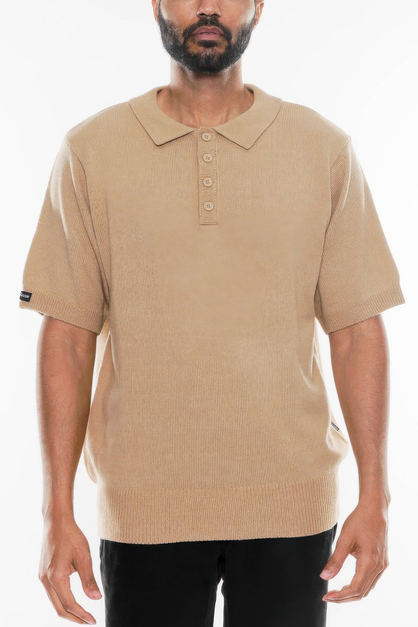 Charlie Brown Shirt: kurzarm Polo in Khaki mit Knopfleiste am Kragen
