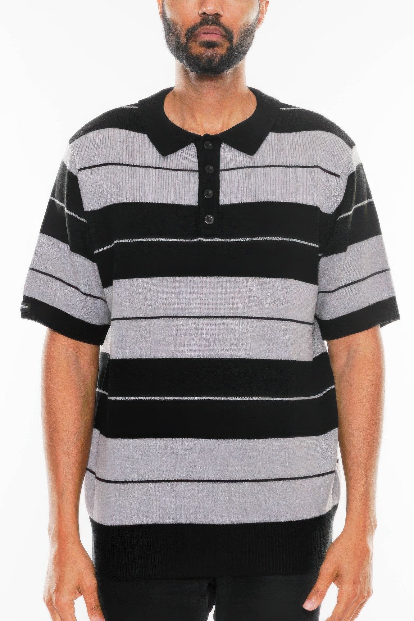 Charlie Brown short-sleeve polo in black & gray striped knit, button placket