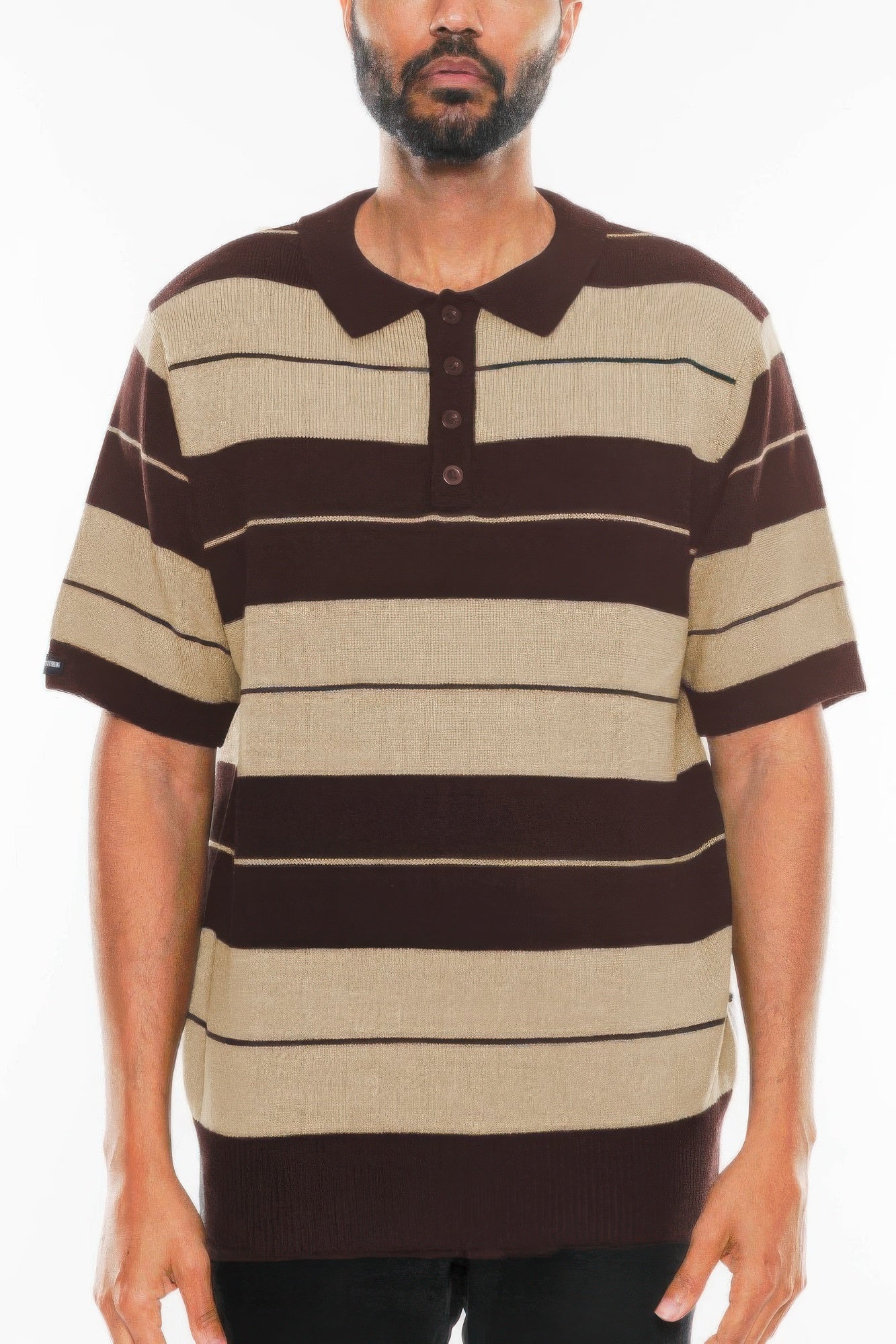Charlie Brown short-sleeve polo in brown & beige striped knit, button front