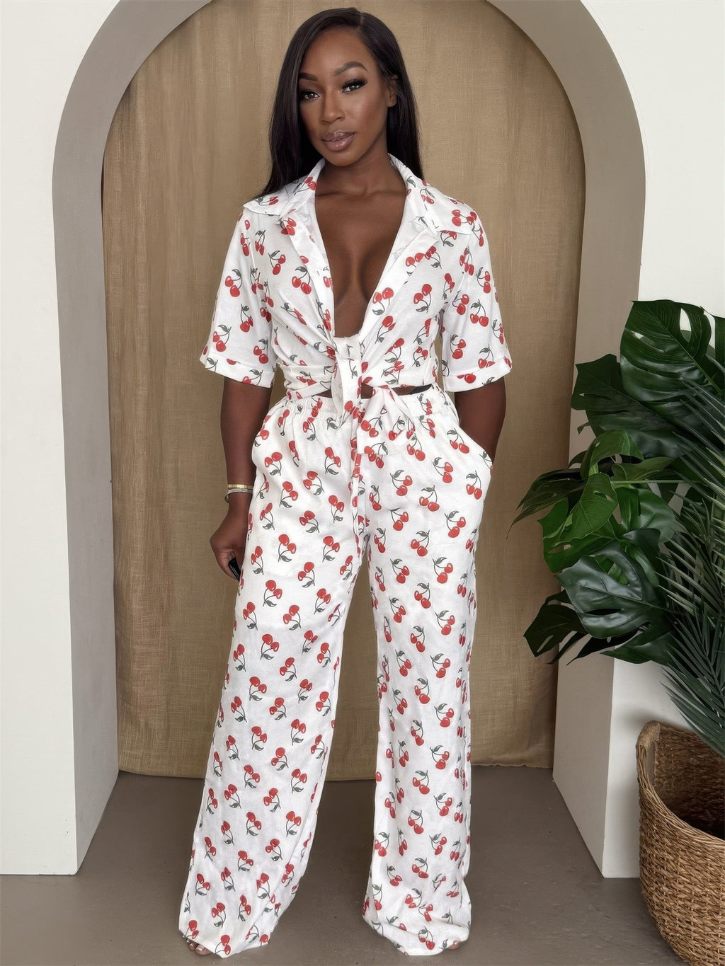 Cherry Pop wide-leg set with white cherry print wrap V-neck and tied waist