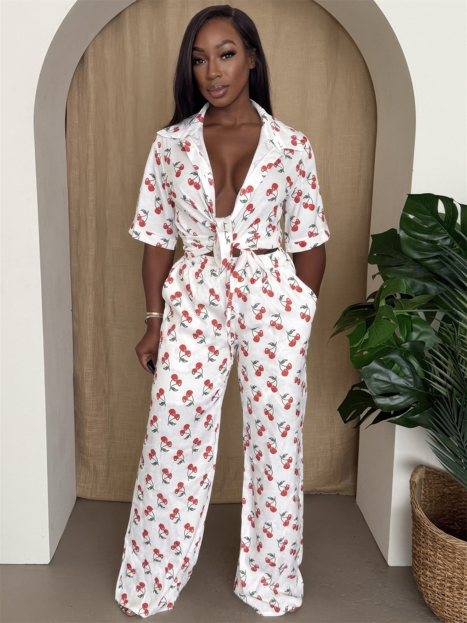 Cherry Pop wide-leg set with white cherry print wrap V-neck and tied waist