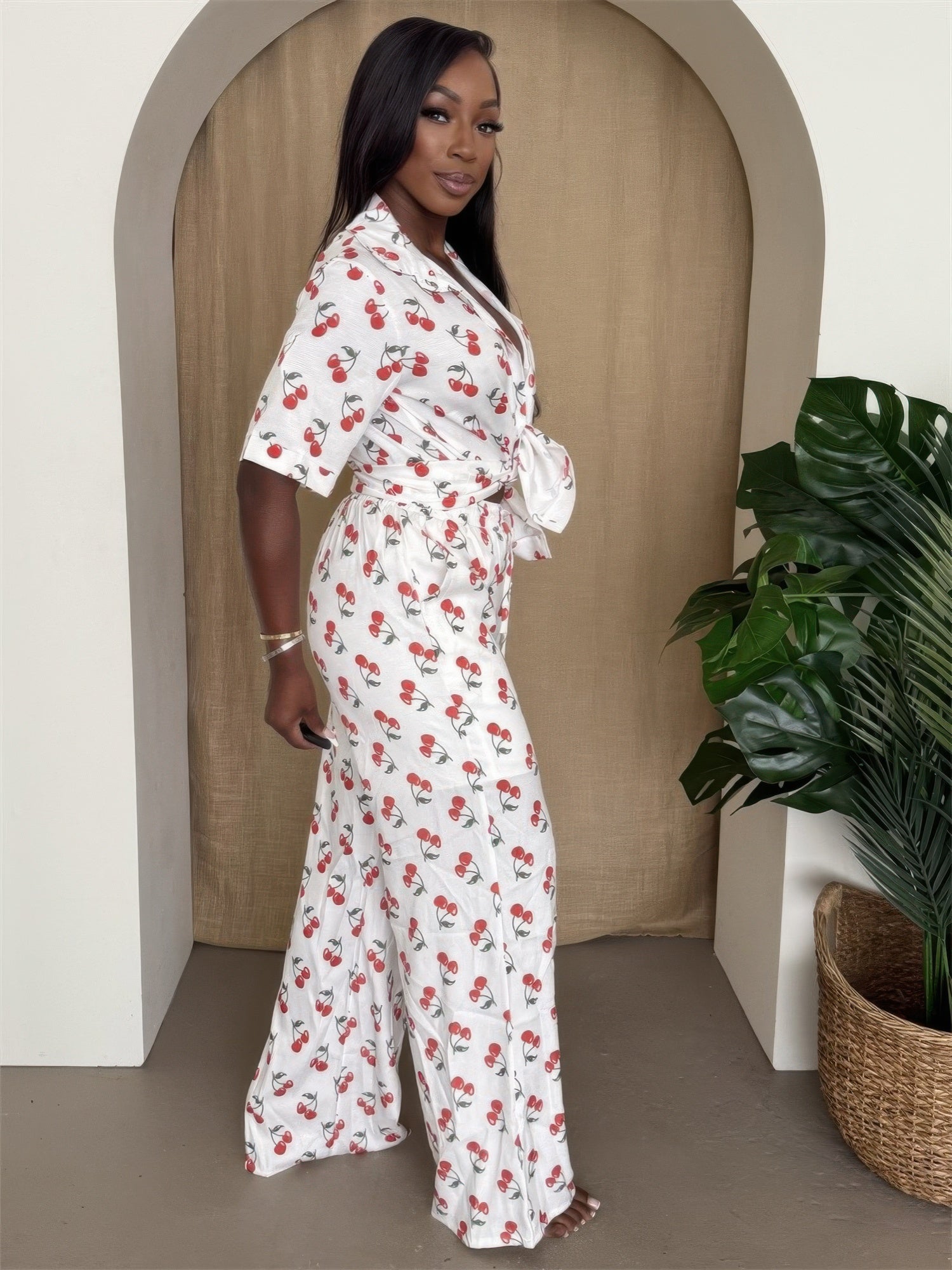 Cherry Pop wide-leg set, cherry print short-sleeve wrap top with tied waist