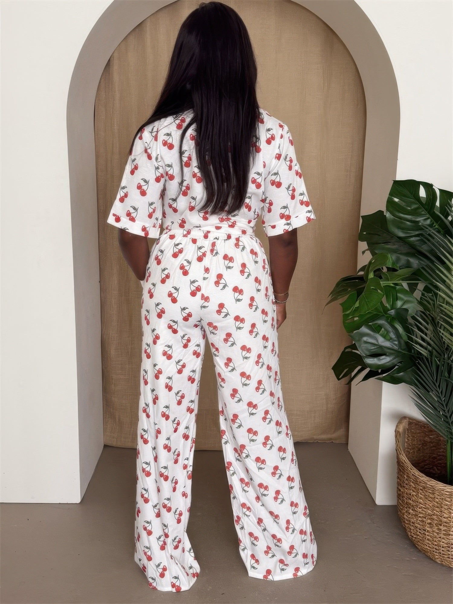 Cherry Pop wide-leg set, back view of cherry print top and flowing wide pants