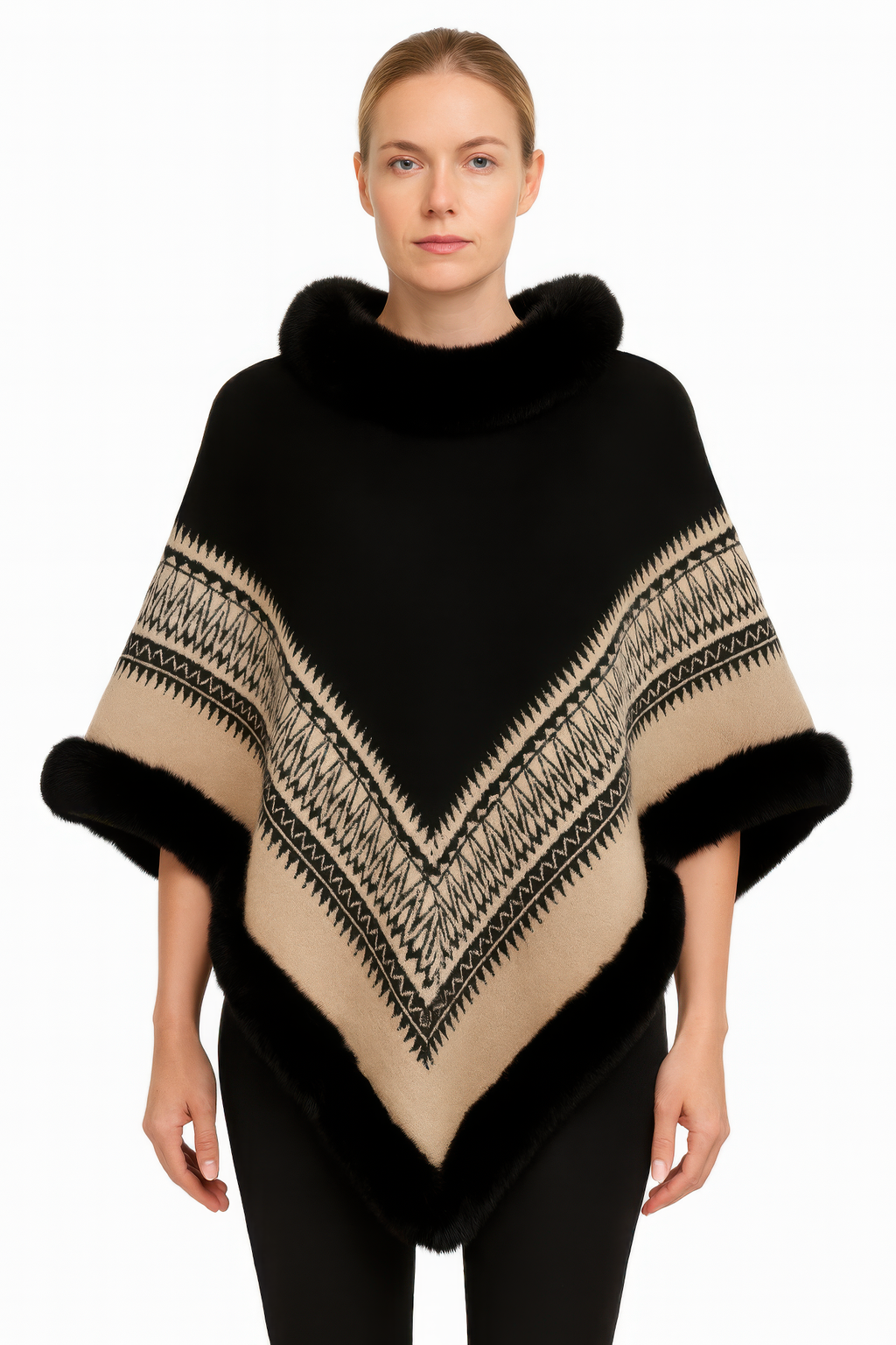 Chevron-trim poncho with faux fur collar; black-and-beige chevron pattern