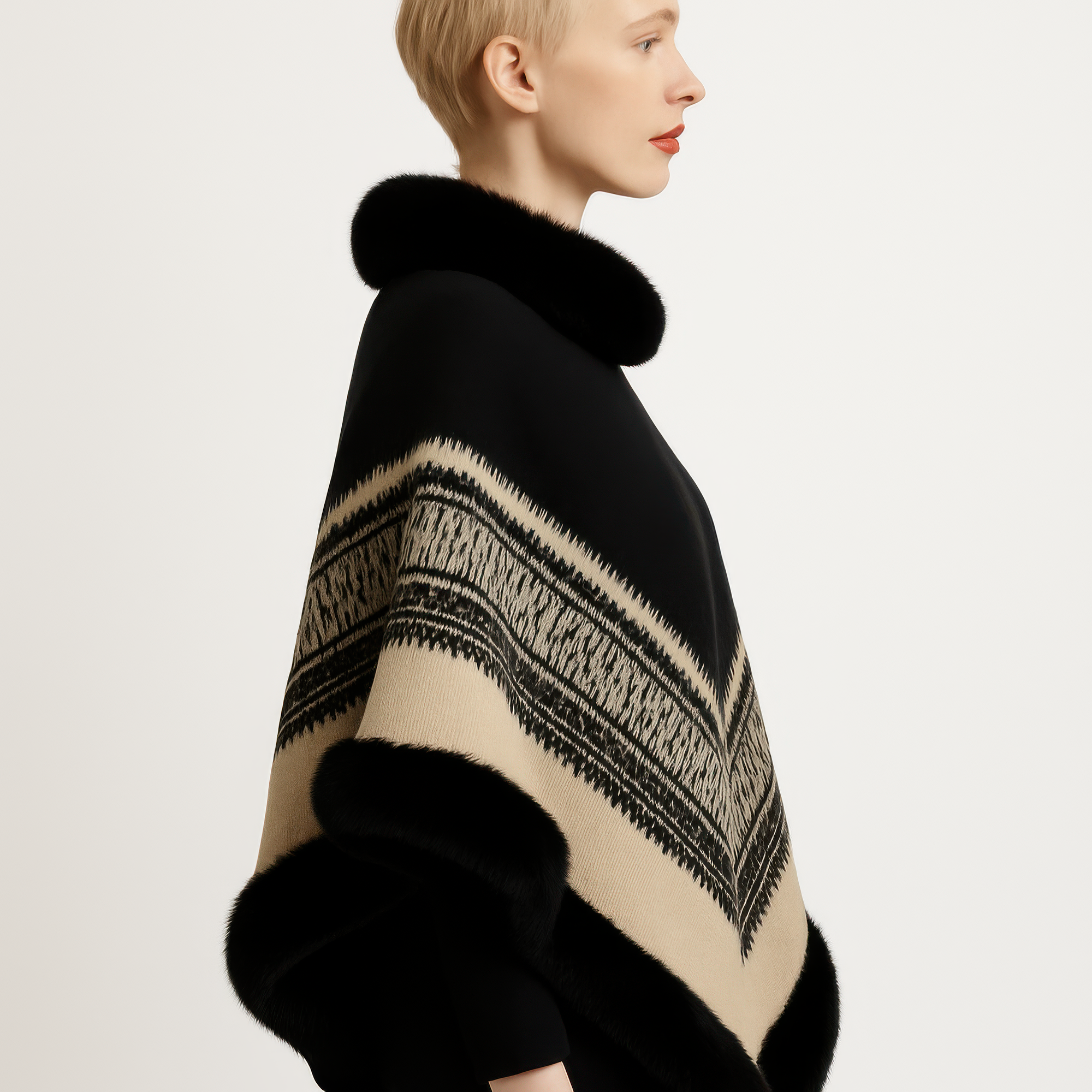 Side view: faux fur collar poncho with chevron trim and black faux fur cuffs