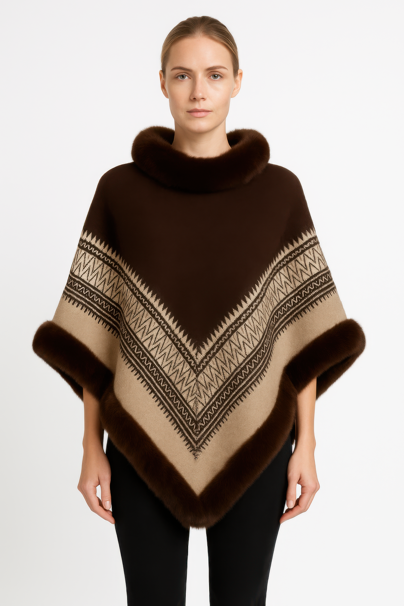 Chevron Trim Poncho mit Kunstfellkragen, braun und beiger Musterstreifen, Poncho-Ärmel