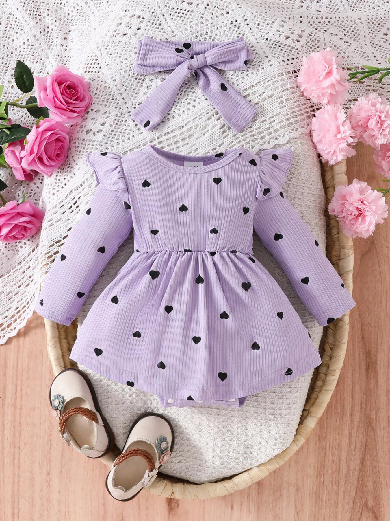 Children's Heart Print Ruffle Trim Bodysuit Dress with Headband - Tigbul's Variety Fashion Shop