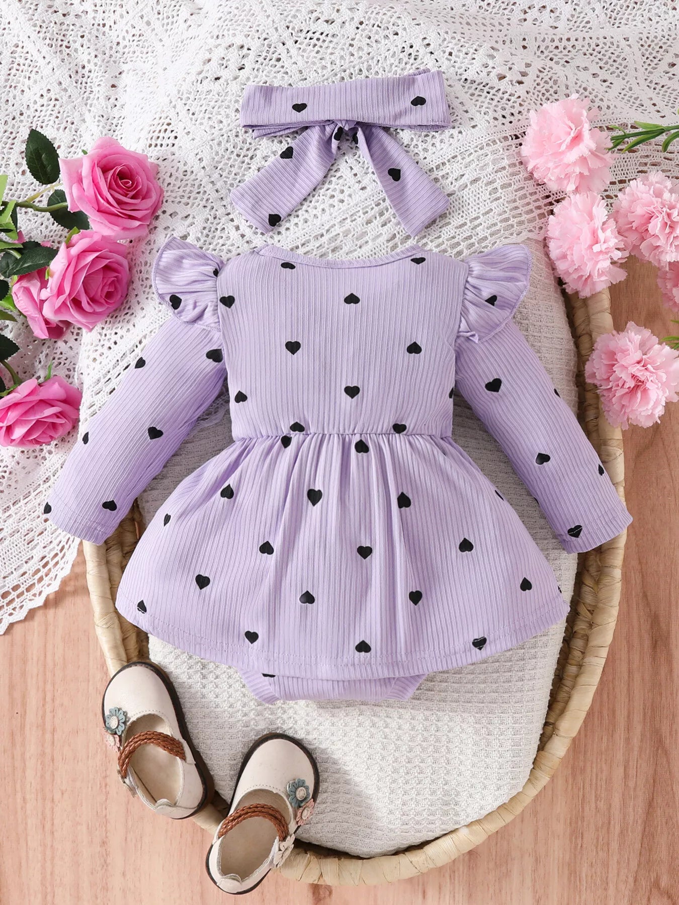 Children's Heart Print Ruffle Trim Bodysuit Dress with Headband - Tigbul's Variety Fashion Shop