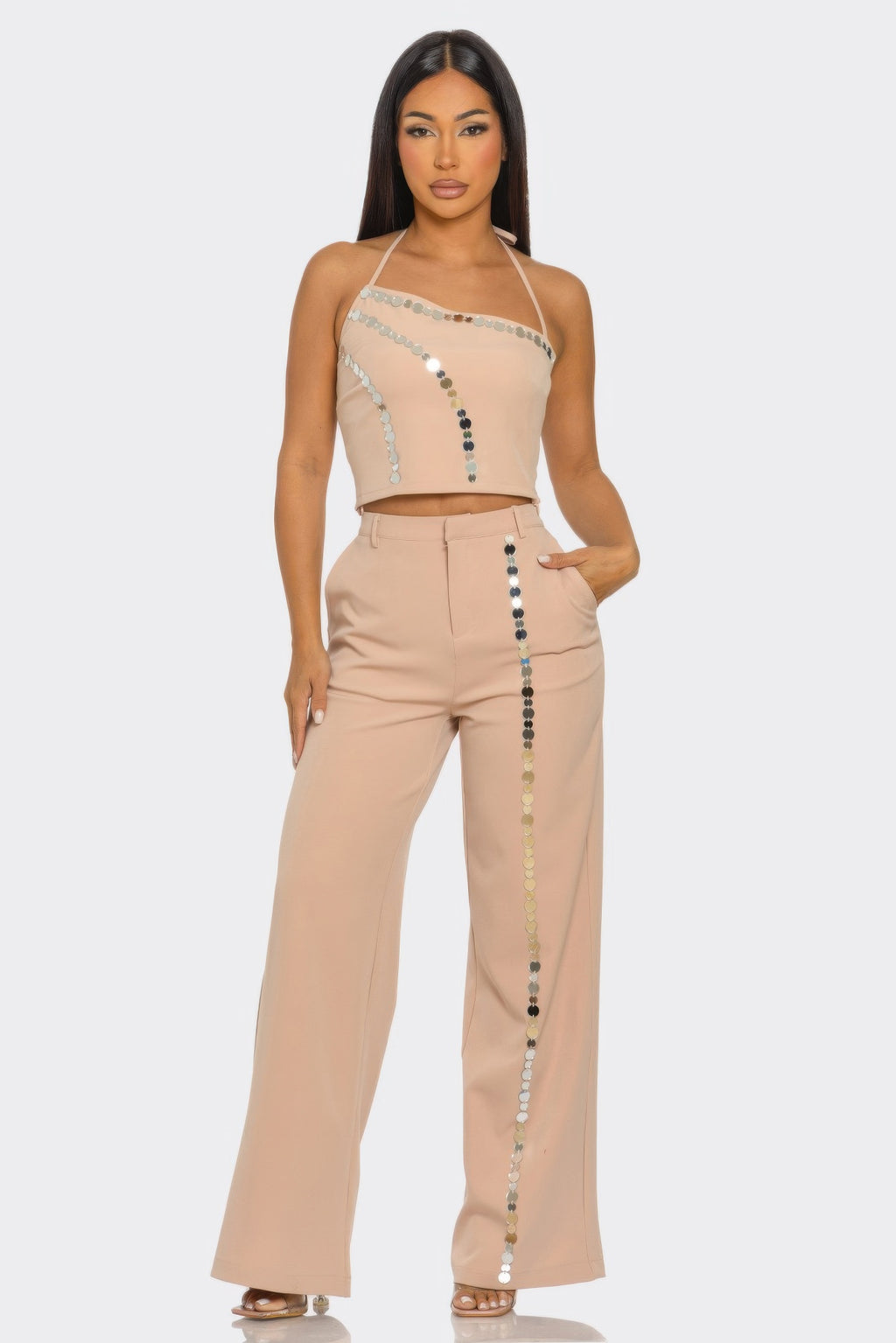 Blush pants set with halter crop top and sequin coin stripe detail