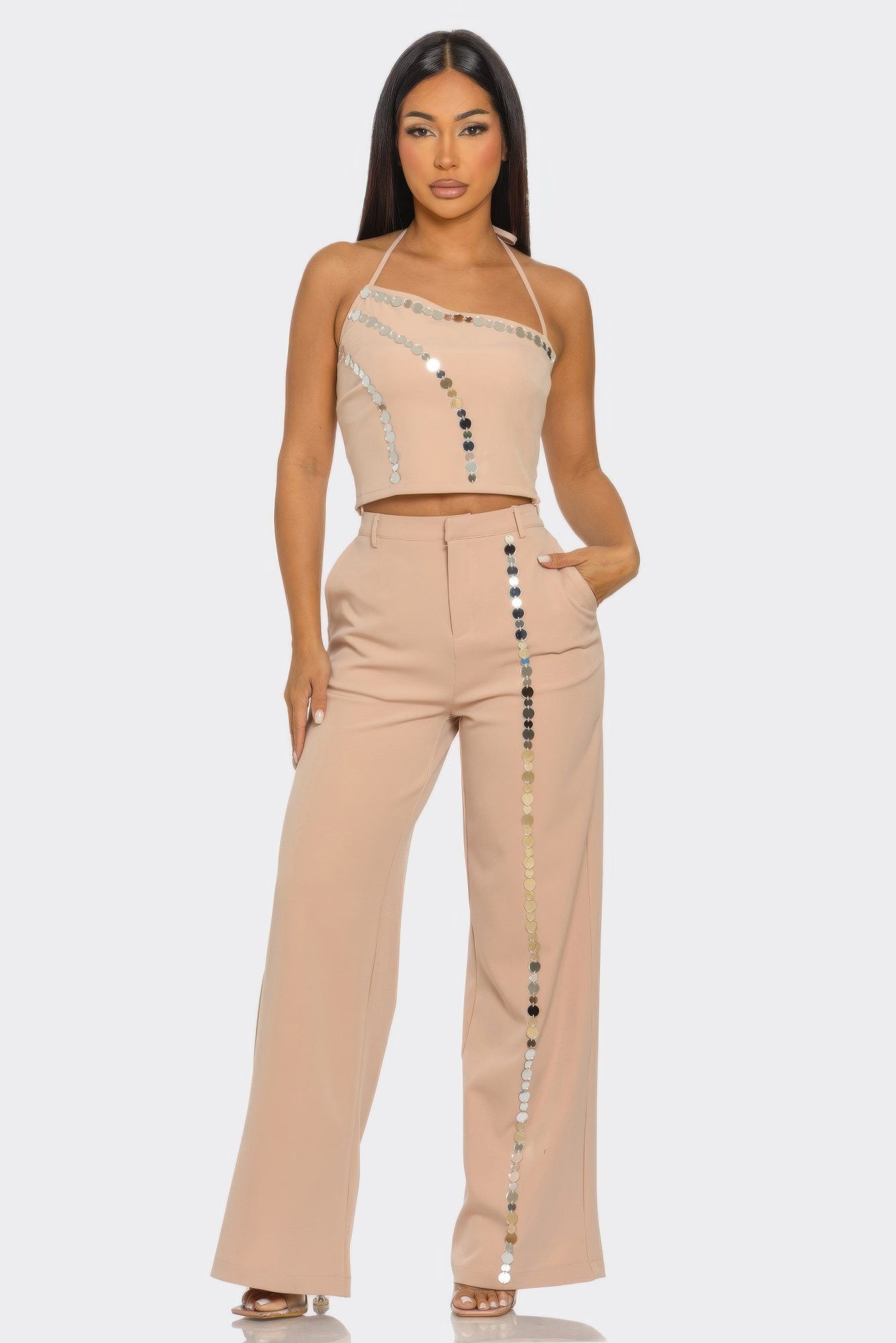 Blush pants set with halter crop top and sequin coin stripe detail