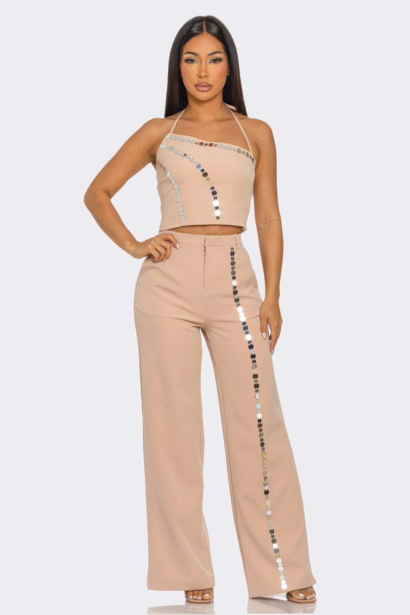 Blush wide-leg pants set, halter crop top with vertical sequin coin trim