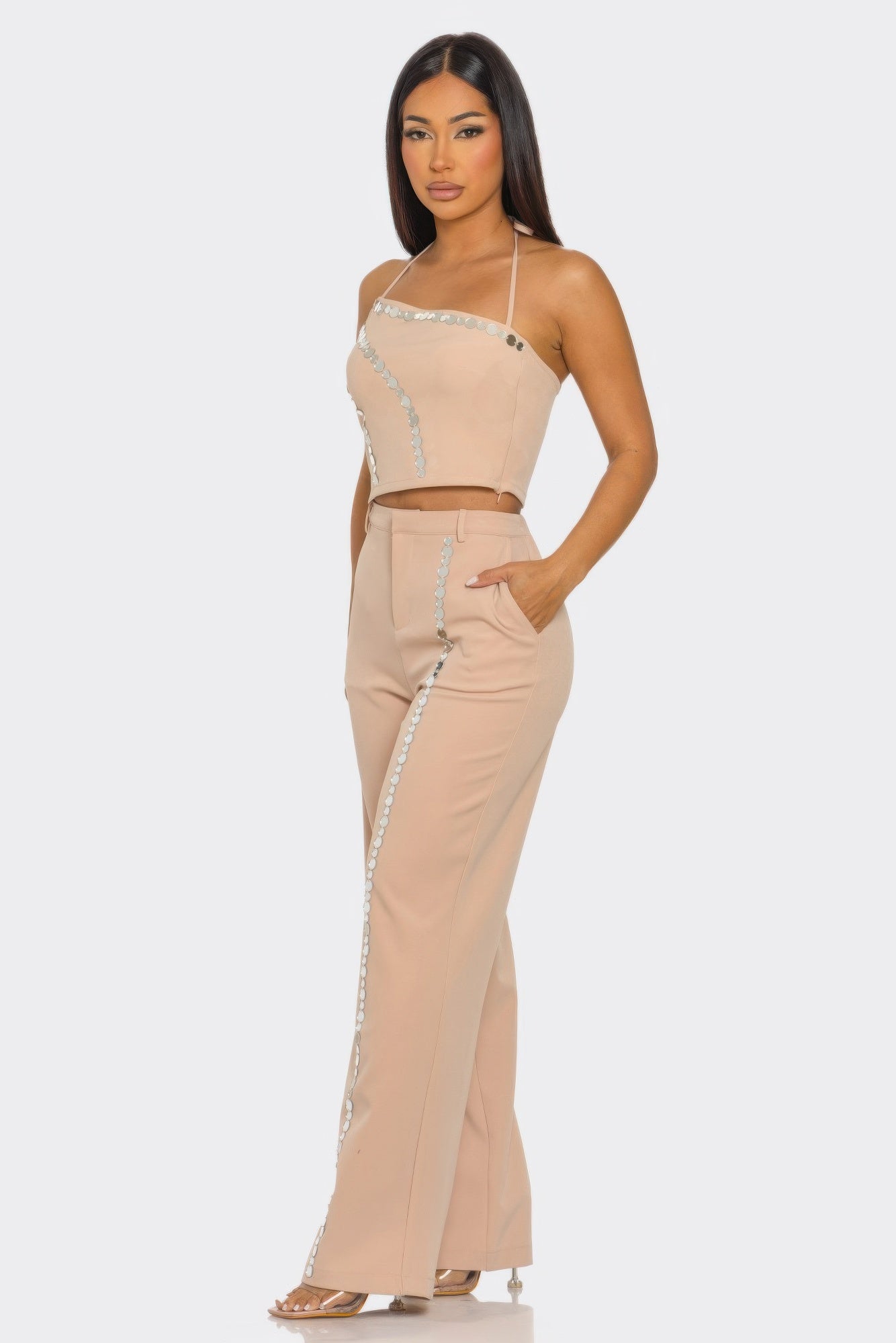 Blush wide-leg trousers with halter crop top and vertical sequin coin trim