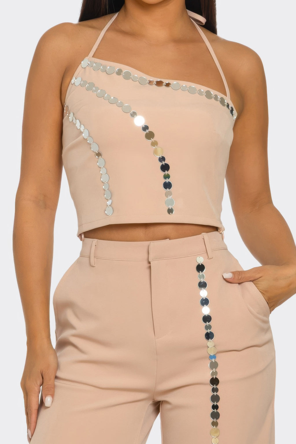 Blush halter crop top & matching pants, coin-sequin trim along neckline and seams
