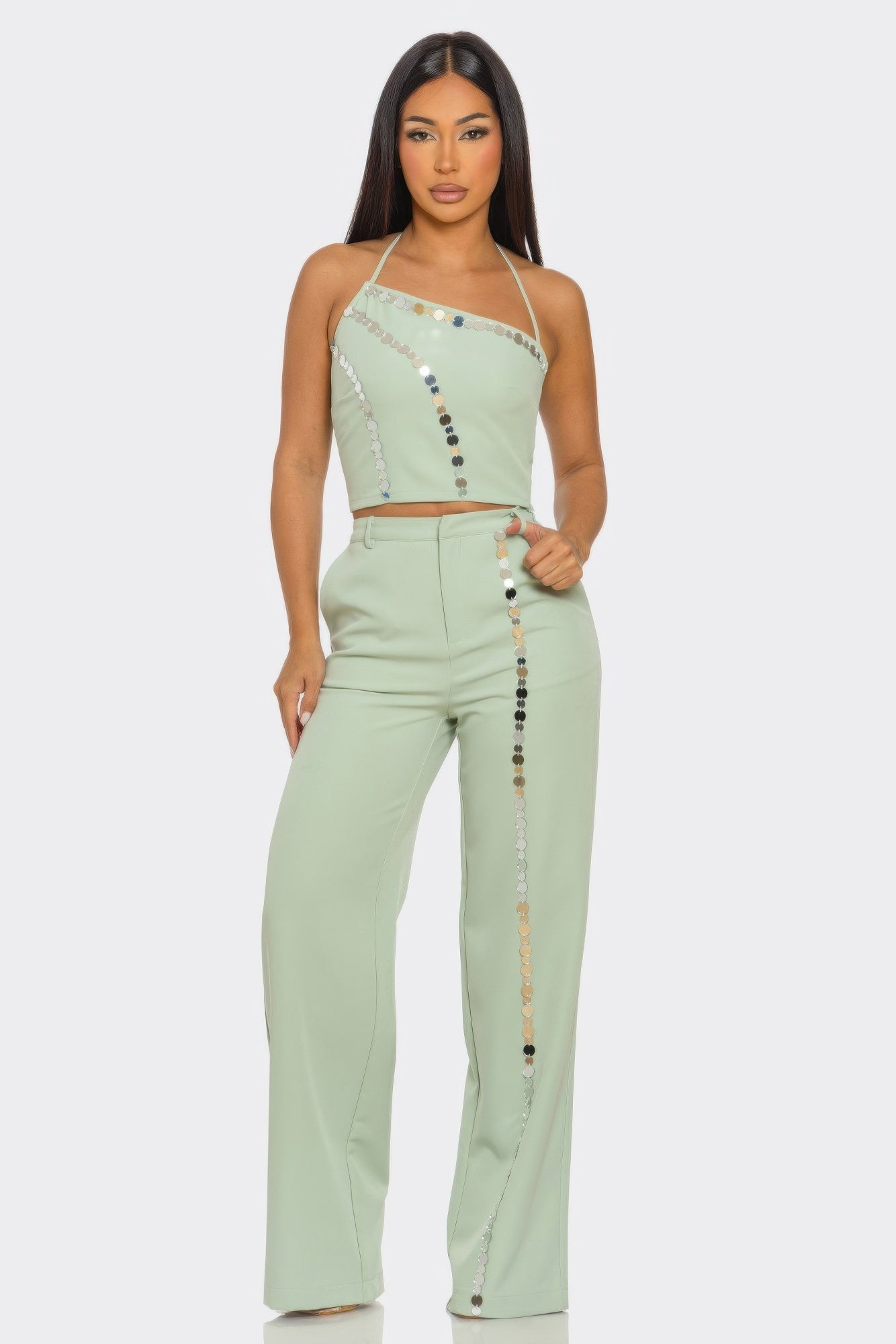 Sage pants set with halter crop top and vertical sequin coin stripe on pants
